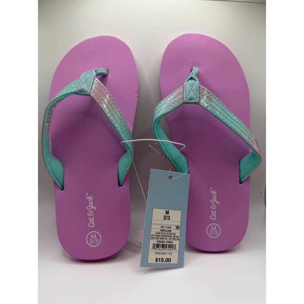 Cat & Jack Kids Purple Teal Glitter Flip Flop Sandals Size M 2/3‎ Jami Sparkle